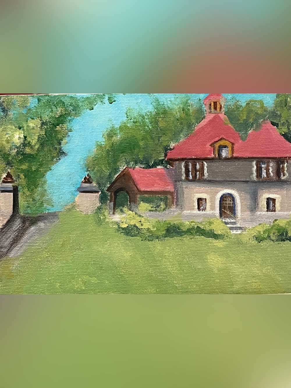 Original hand painted mansion vintage house wall art